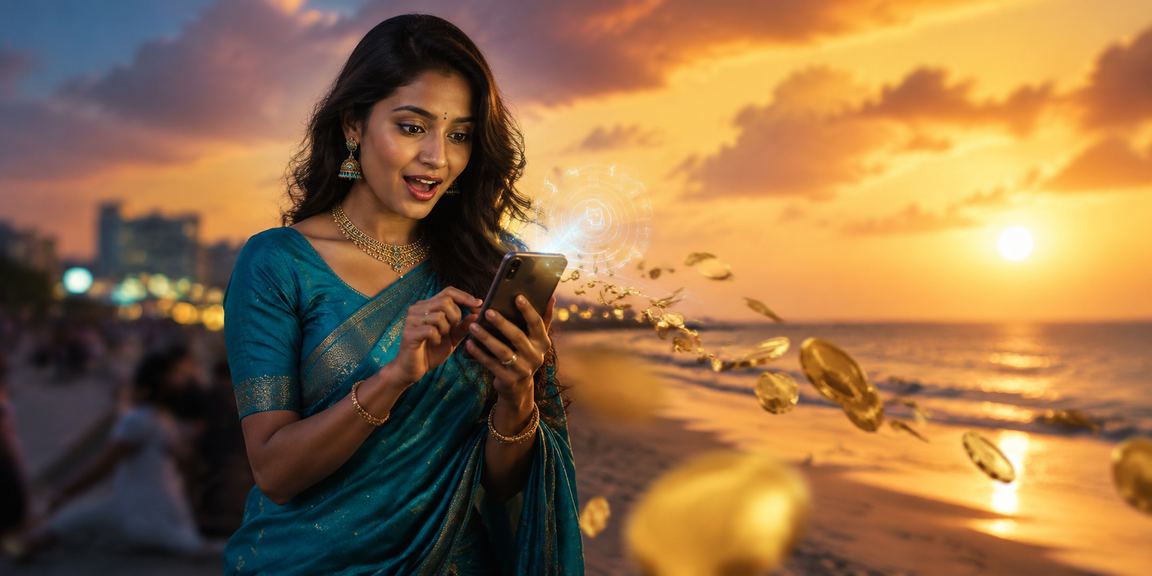 Woman using mobile payment on Chennai beach